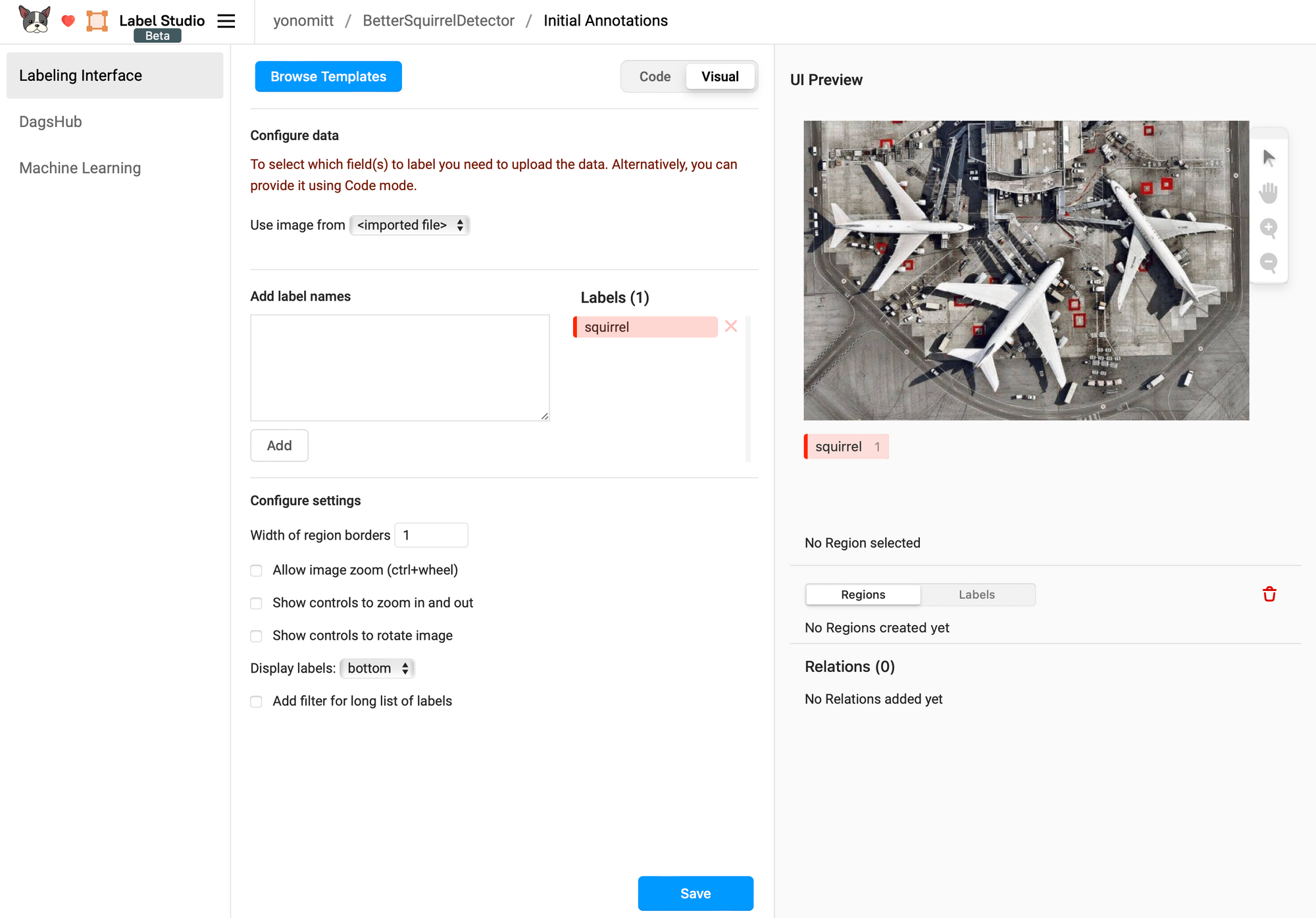Screenshot of Label Studio's interaction configuration for Object Detection with Bounding Boxes