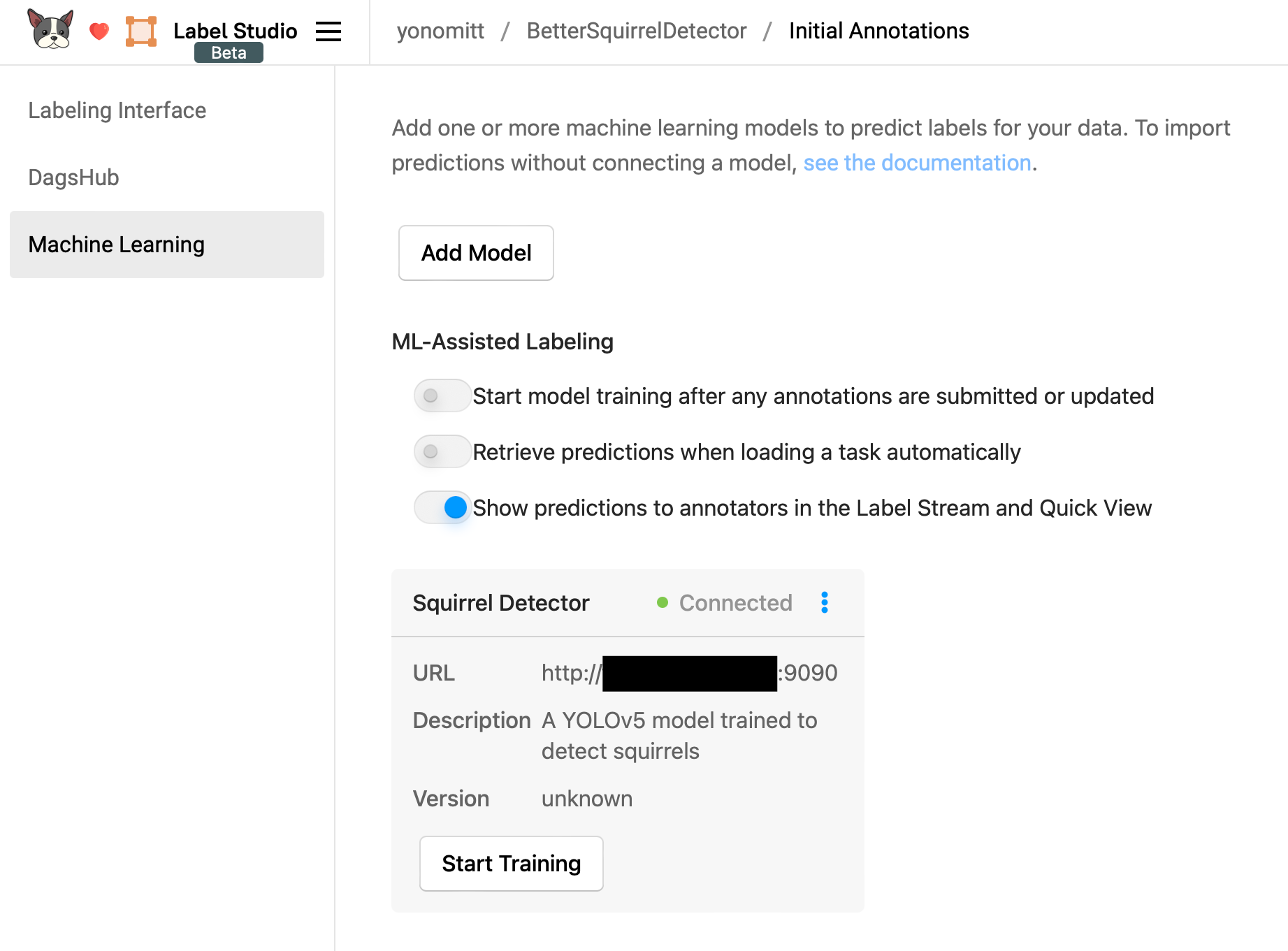A screenshot of the Label Studio's Machine Learning settings after having added a model.