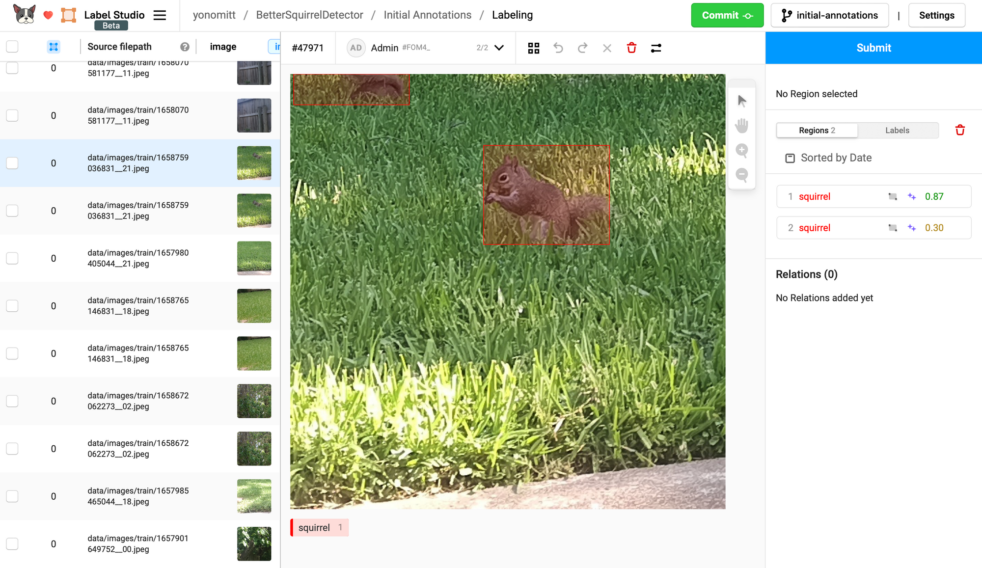 Label Studio screenshot showing an image with predictions of two squirrels.