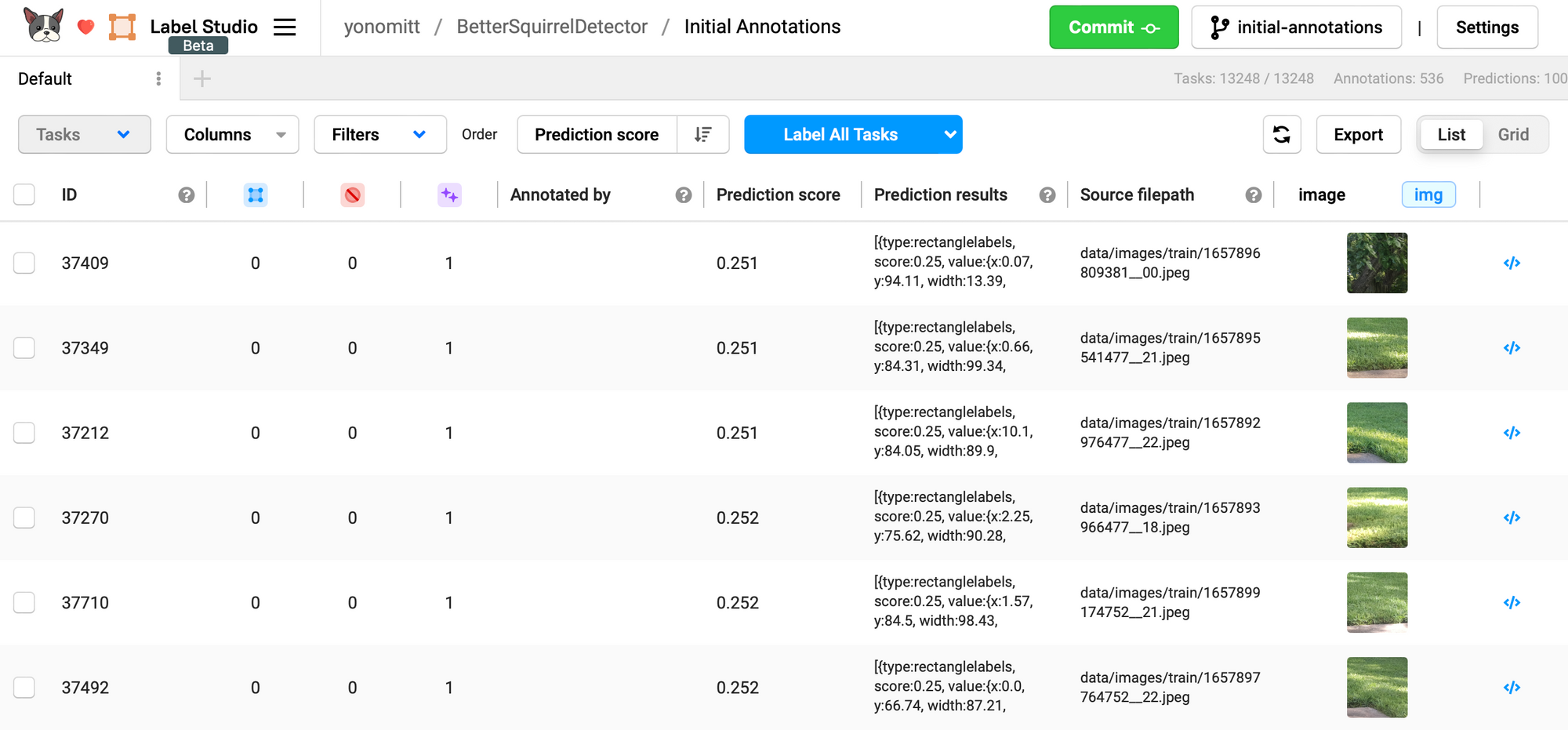Screenshot of Label Studio with the tasks sorted ascending by prediction score