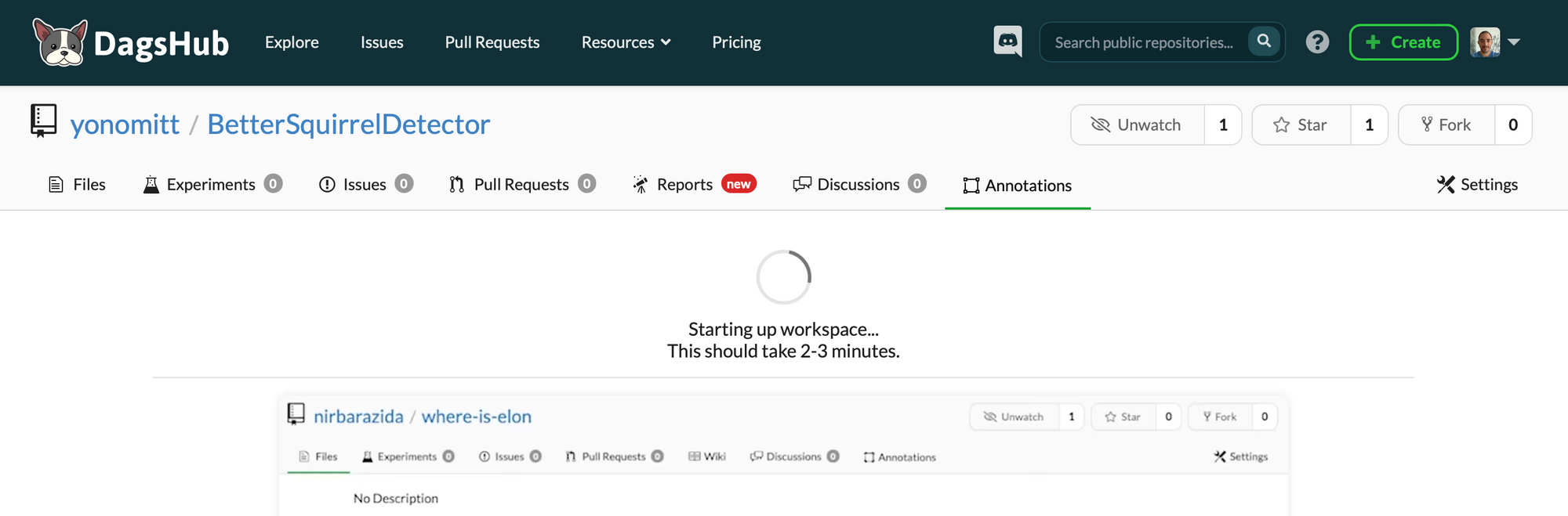 Image of Label Studio starting up on DagsHub.com