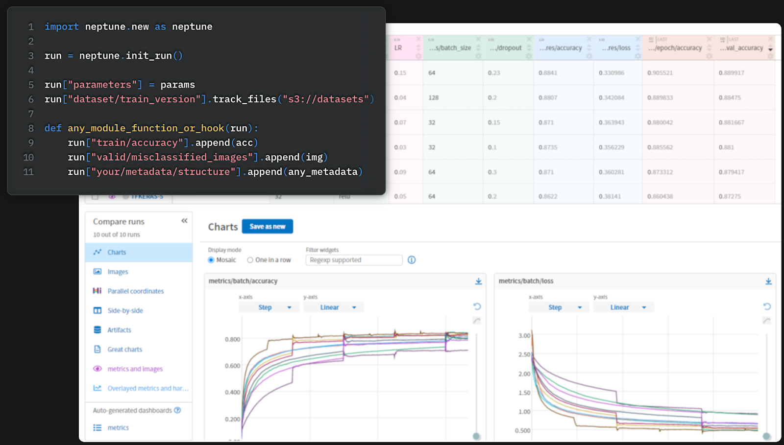 Example of Neptune UI for experiment tracking