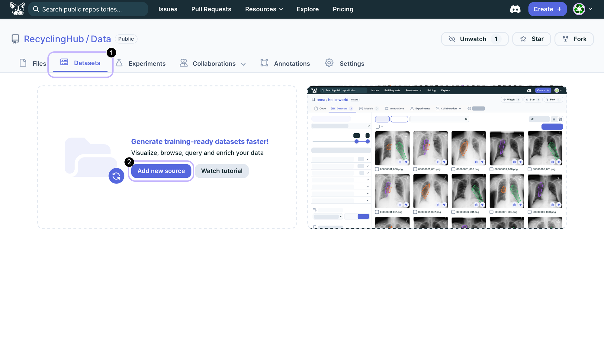 Screenshot of how to add a new data source to a repo via Data Engine. First click the "Datasets" tab. Then click the "Add new source" button.