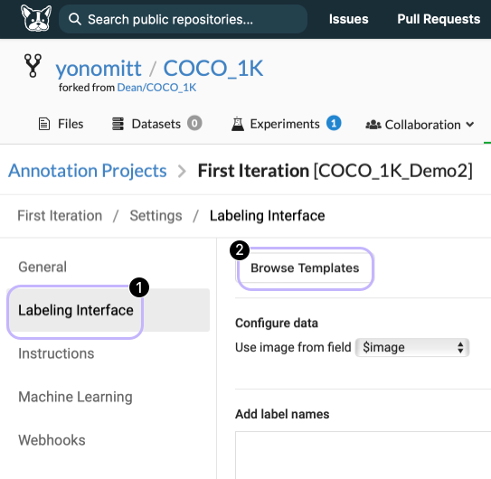 A crop of a screenshot of the DagsHub Label Studio UI. It shows the settings screen and the tab, Labeling Interface, is highlighted and circled with a 1 on it. Next to it the button, Browse Templates, is circled with the number 2.