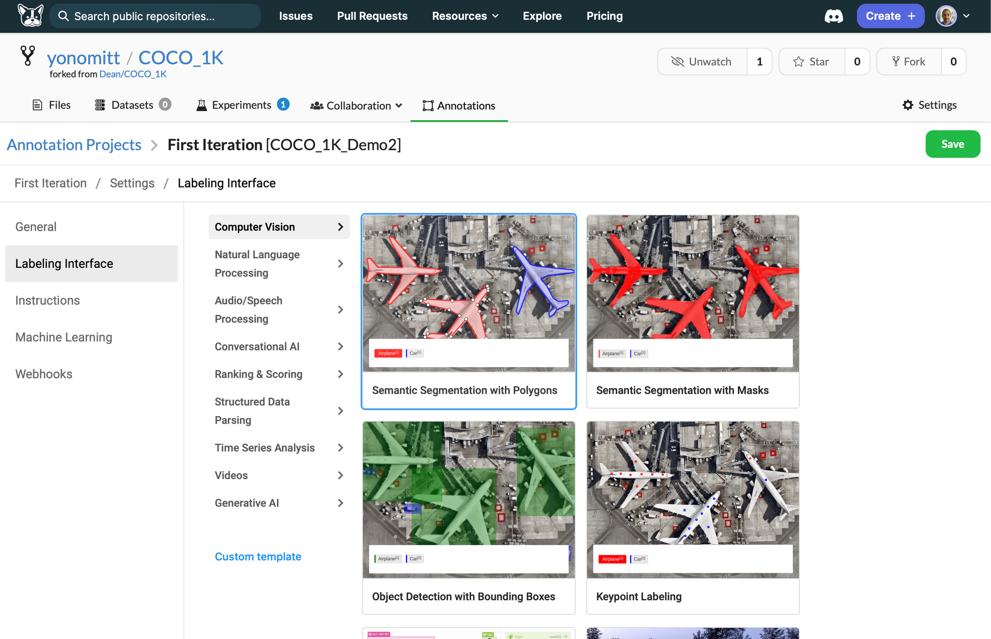 A screenshot of the DagsHub Label Studio UI showing the Computer Vision templates available under the Labeling Interface tab. Semantic Segmentation with Polygons is selected.