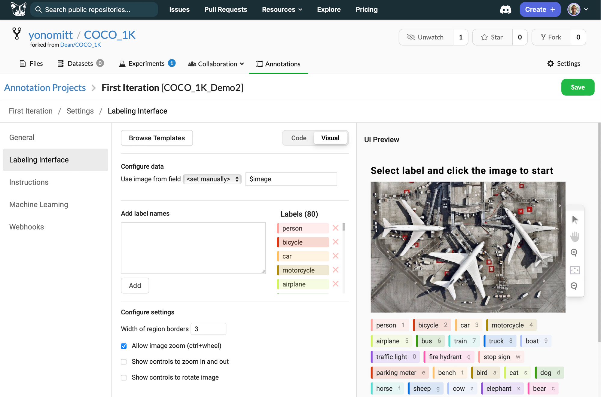 A screenshot of the DagsHub Label Studio UI showing the selected template and many of the 80 COCO labels entered and visible.