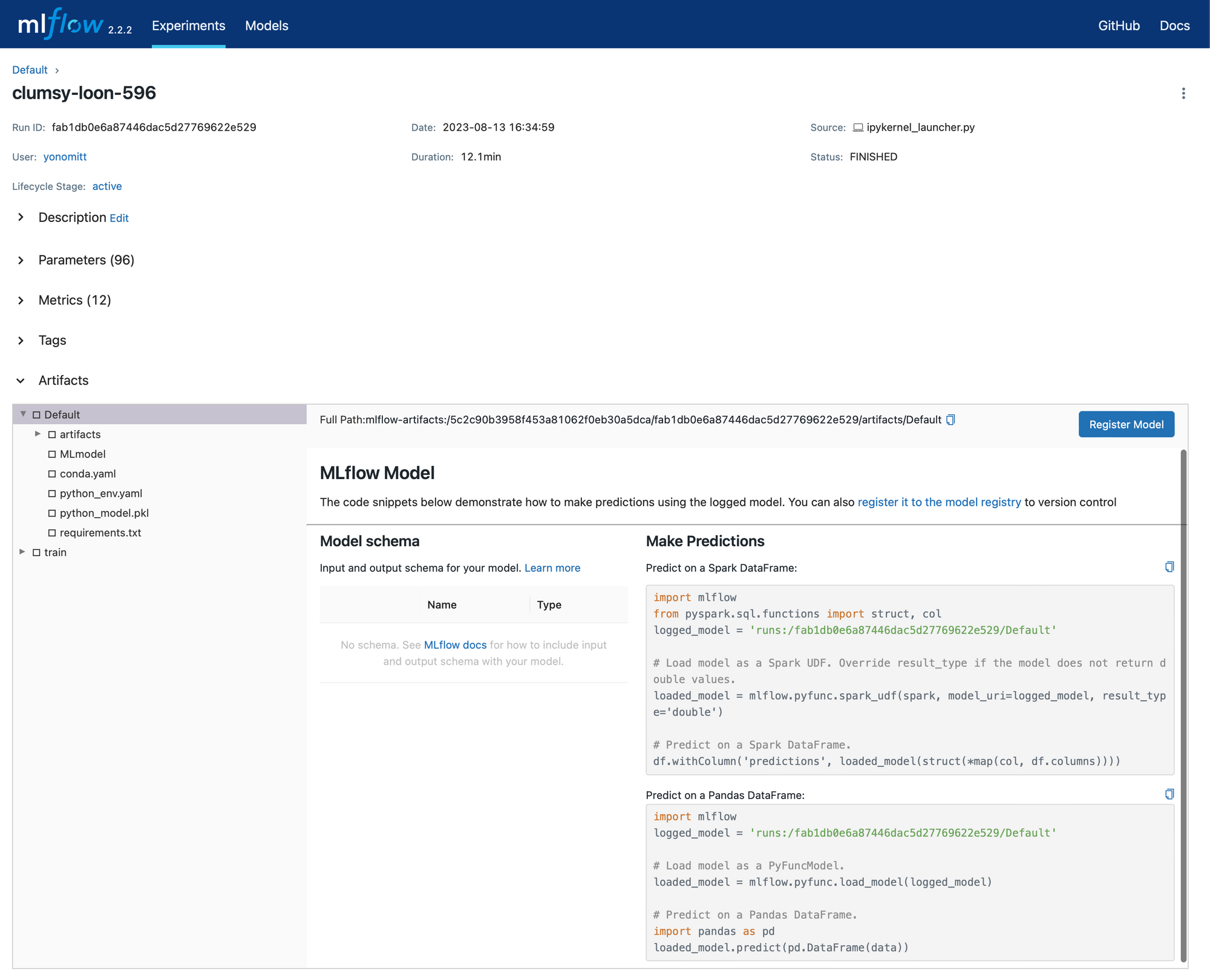 A screenshot of the MLflow UI showing a logged experiment along with the artifact that was logged.