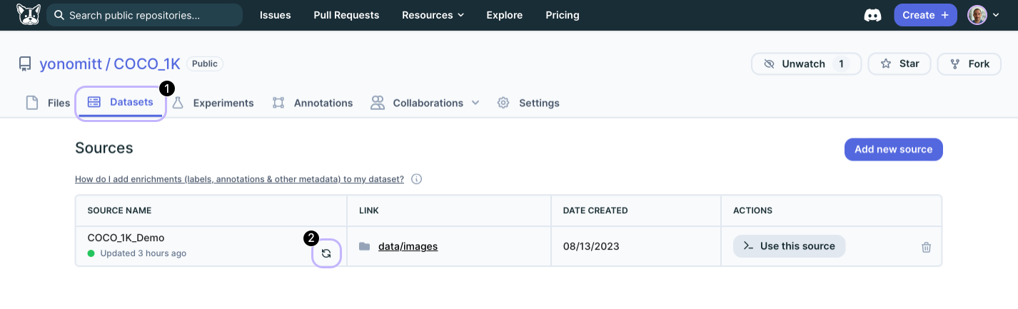 A screenshot of the Datasets tab open on a DagsHub repo. The Datasets tab is circled and labeled as 1 and the rescan button is circled and labeled as 2.