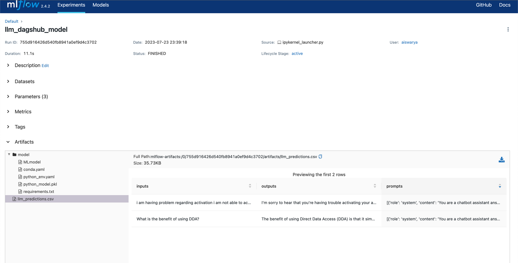 The Results of Logging LLM Experiments with MLflow