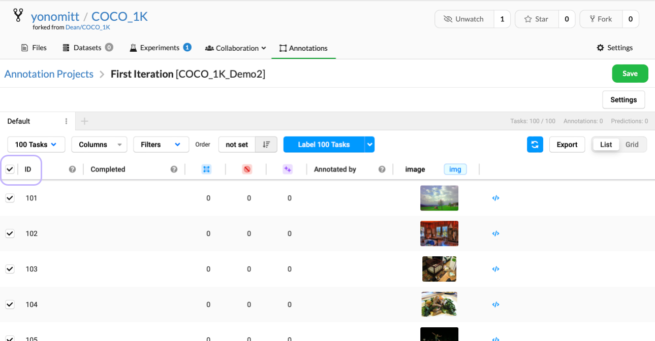 A screenshot of the DagsHub Label Studio UI showing the tasks available with all of them selected. The ID column header along with its checkbox are circled.