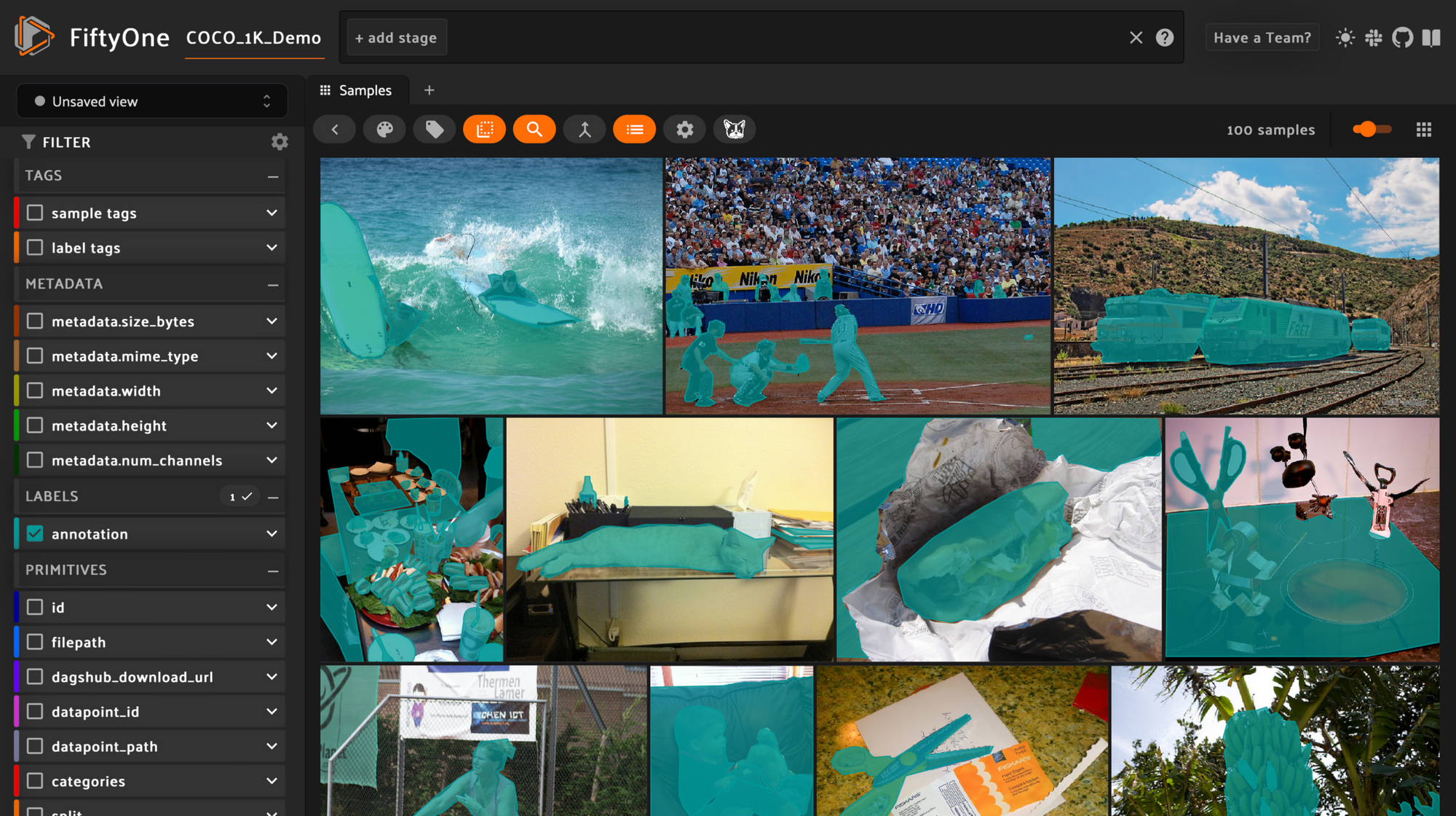 The UI for Voxel's FiftyOne. In addition to menus, it shows a grid of images, which have semantic segmentation annotations visible.