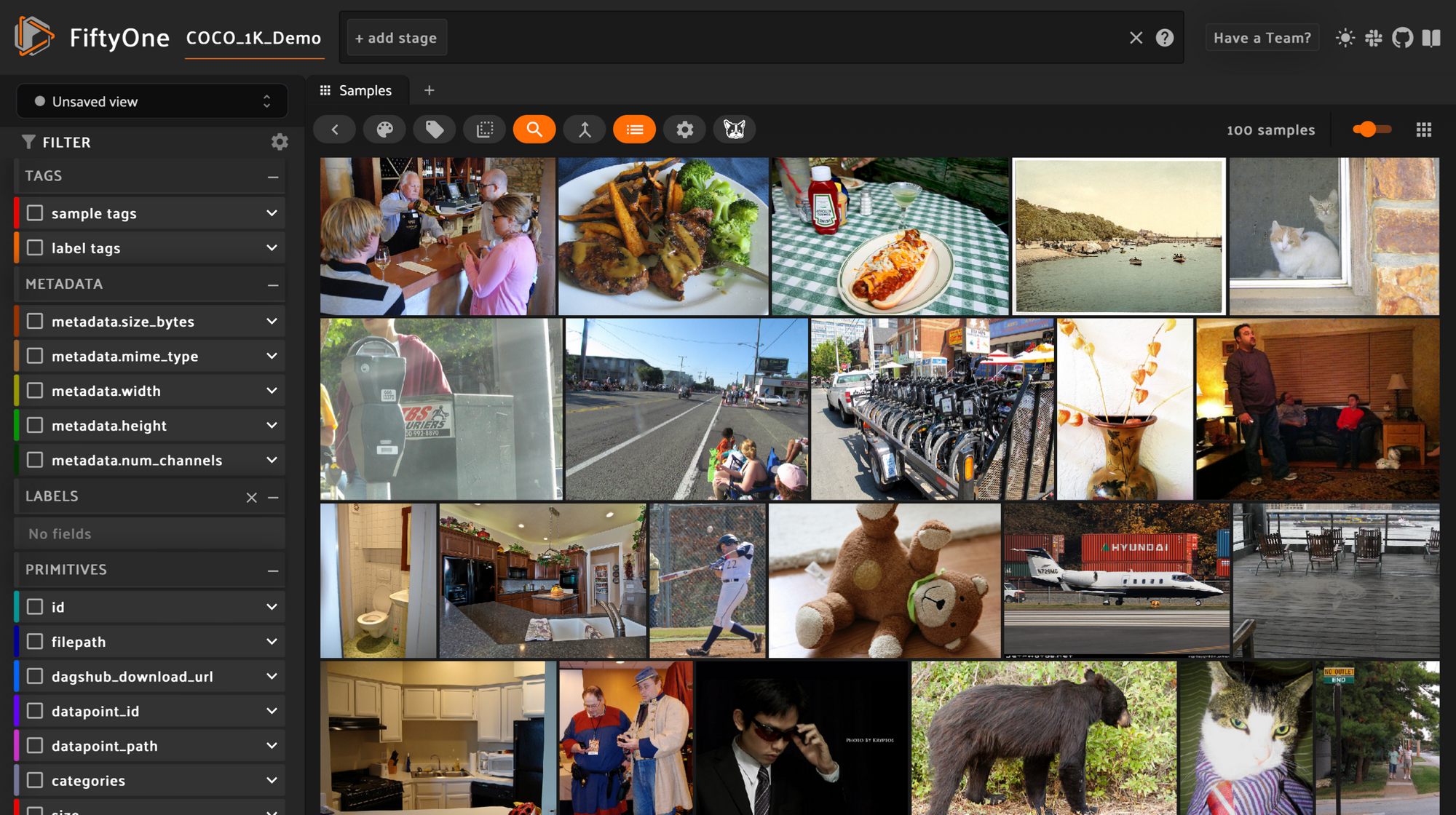 The UI for Voxel's FiftyOne. In addition to menus, it shows a grid of images. This time the images do not have any annotations, as they are new data.